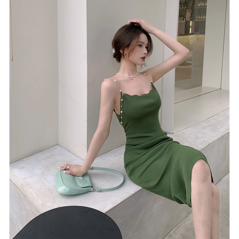 QKOOLE Đầm dài  cổ yếm phong cách cổ điển quyến rũ cho nữ