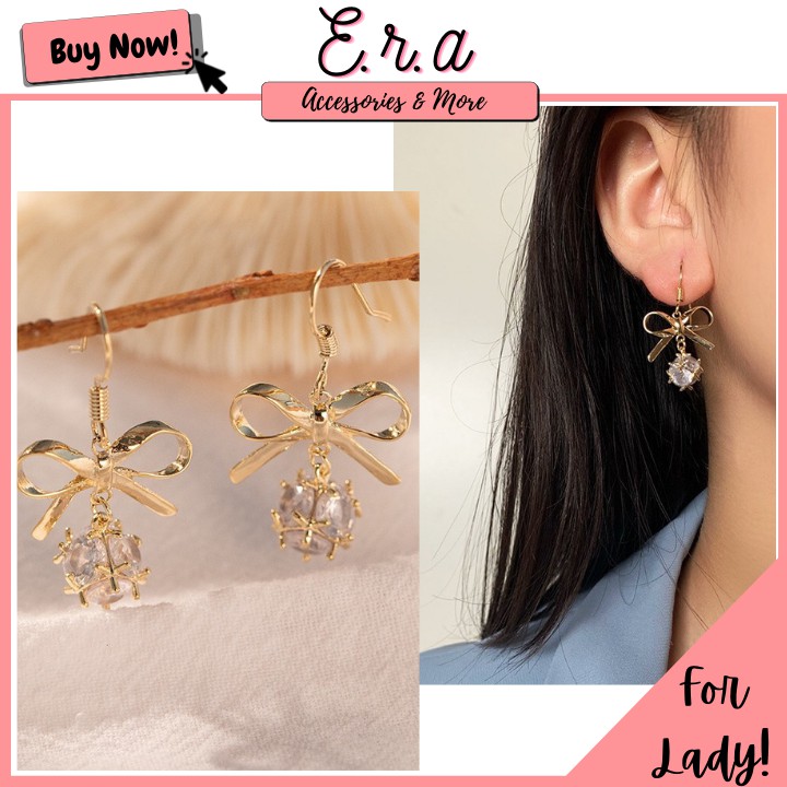 Bông Tai Nữ Hợp Kim Cao Cấp ERASHOP 000226 - Nơ Cầu Đá Vàng Xinh Xắn, Sang Trọng, Đi Tiệc, Đi Chơi Siêu Rẻ Đẹp
