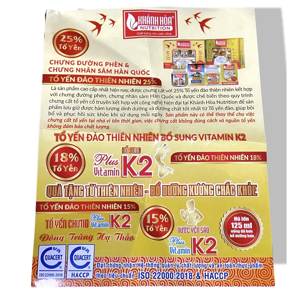 Yến Sào Khánh Hòa Plus Vitamin K2 Chưng đường phèn  15% Tổ Yến  Lọ 125ml