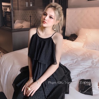  📣SALE SALE 20% 🔜HÀNG QUẢNG CHÂU💦 váy maxi yếm tầng chấm bi 
