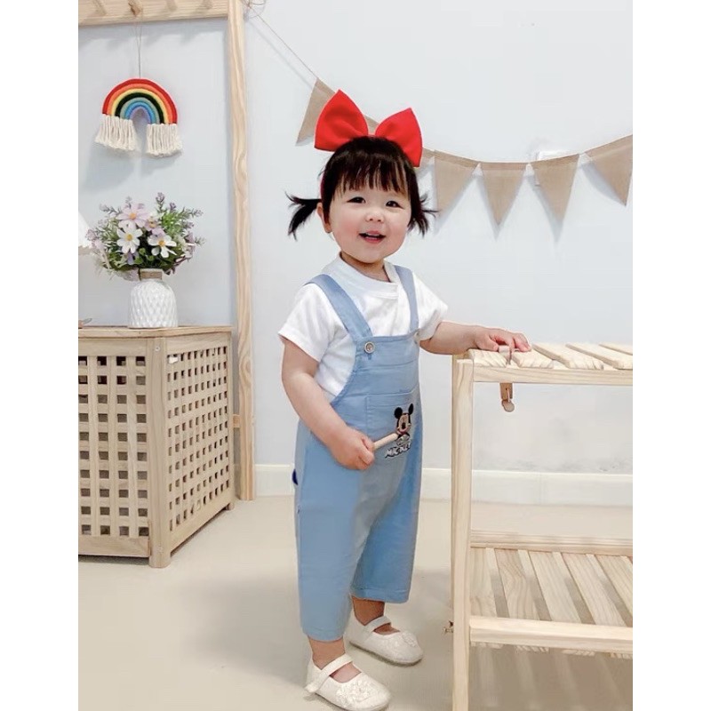 Quần yếm cho bé , Set yếm bé trai bé gái Quần yếm bò Micky phối áo thun micky Quảng Châu