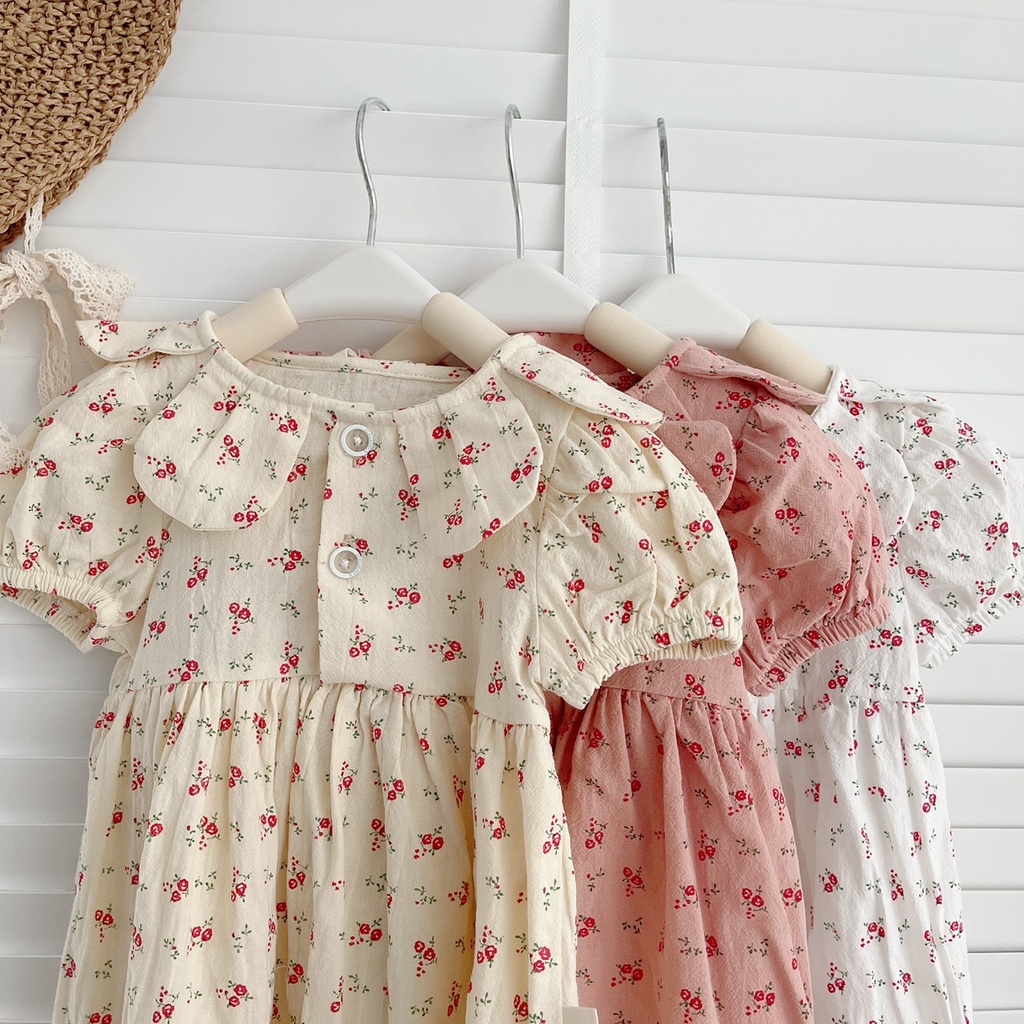 Váy hè cộc tay cổ hoa cho bé gái 8-21kg - Chất thô cara mát
