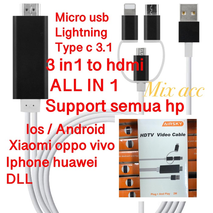 Android Dây Cáp Chuyển Đổi 3 Trong 1 Từ Cổng Micro Usb Apple Lightning Type C 3.1 Sang Hdmi