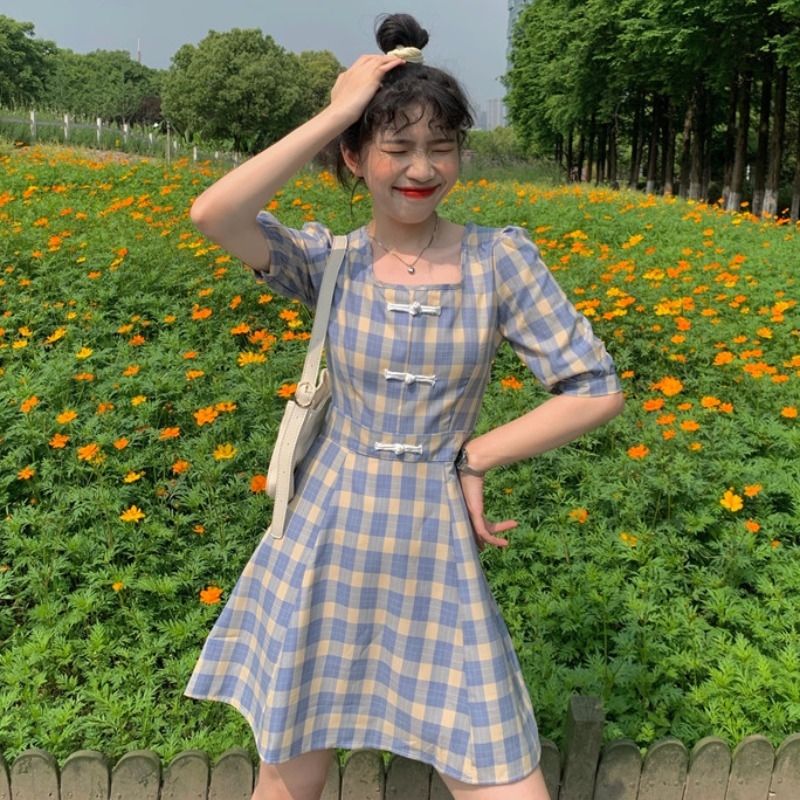 Women's Summer Short Sleeve Plaid Dress