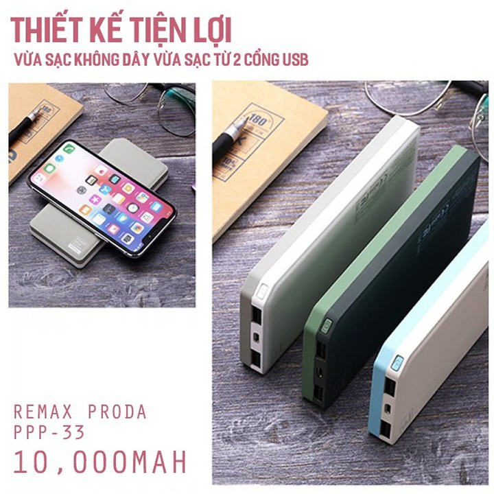 Pin sạc dự phòng không dây 10000mAh Remax PRODA PPP-33 chính hãng - Màu bất kì- Giá cực sốc