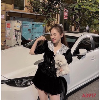 Áo peplum nhung cổ ren đen