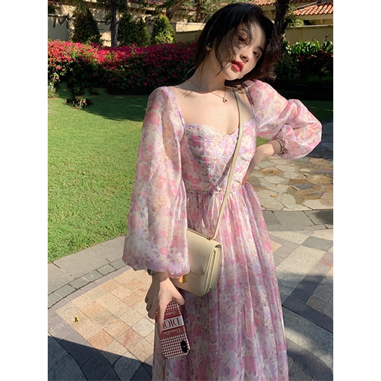 Đầm Chiffon Tay Dài In Họa Tiết Hoa Thời Trang Mùa Hè Hàn Quốc 2022 Cho Nữ