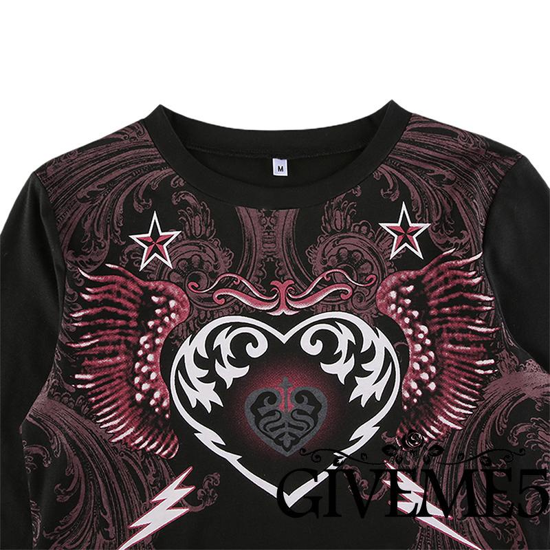 Áo thun tay dài cổ tròn in hình trái tim đôi cánh sáng tạo cho nữ