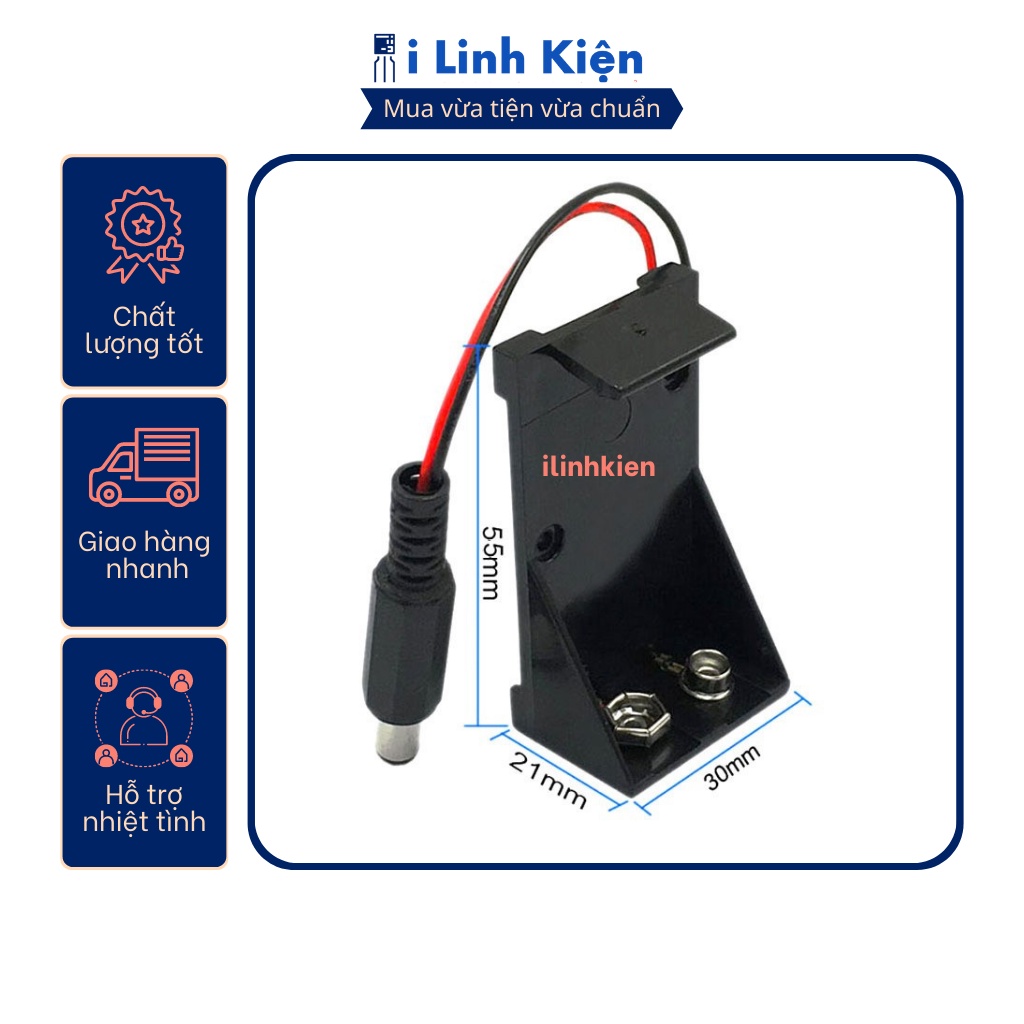 Đế PIN 9V không nắp đầu ra jack DC đực 55x21mm