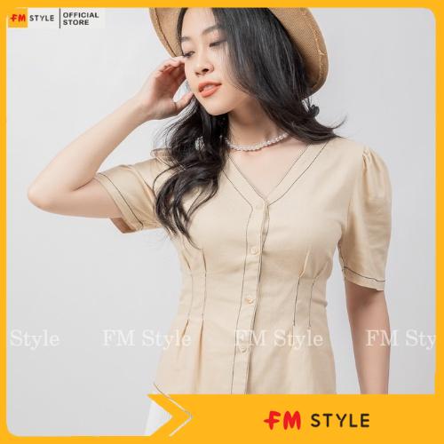 Áo kiểu nữ FM Style tay ngắn cổ v hoạ tiết chỉ nổi basic thời trang công sở 210930051