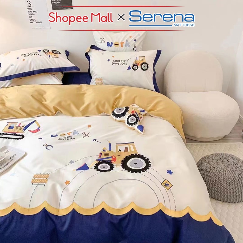 Bộ Ga Giường Chần Bông Full 5 Món Lụa Satin Thêu SERENA MATTRESS Chăn Ga Ra Drap Gối Đệm Nệm Trải Phủ Giường Trần Bông