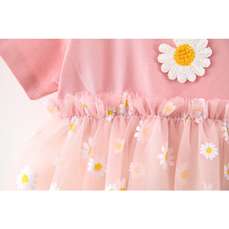 Váy đầm bé gái, váy ngắn tay kiểu dáng Hàn Quốc, Họa tiết hoa cúc xinh