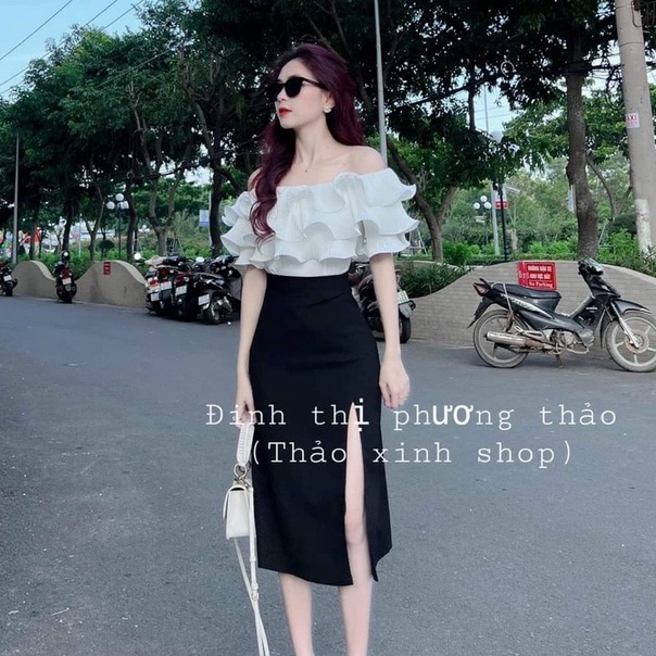 Set áo trễ vai xếp ly bèo kèm chân váy xẻ tà phong cách tiểu thư công sở sang chảnh đầm váy nữ đi chơi dự tiệc