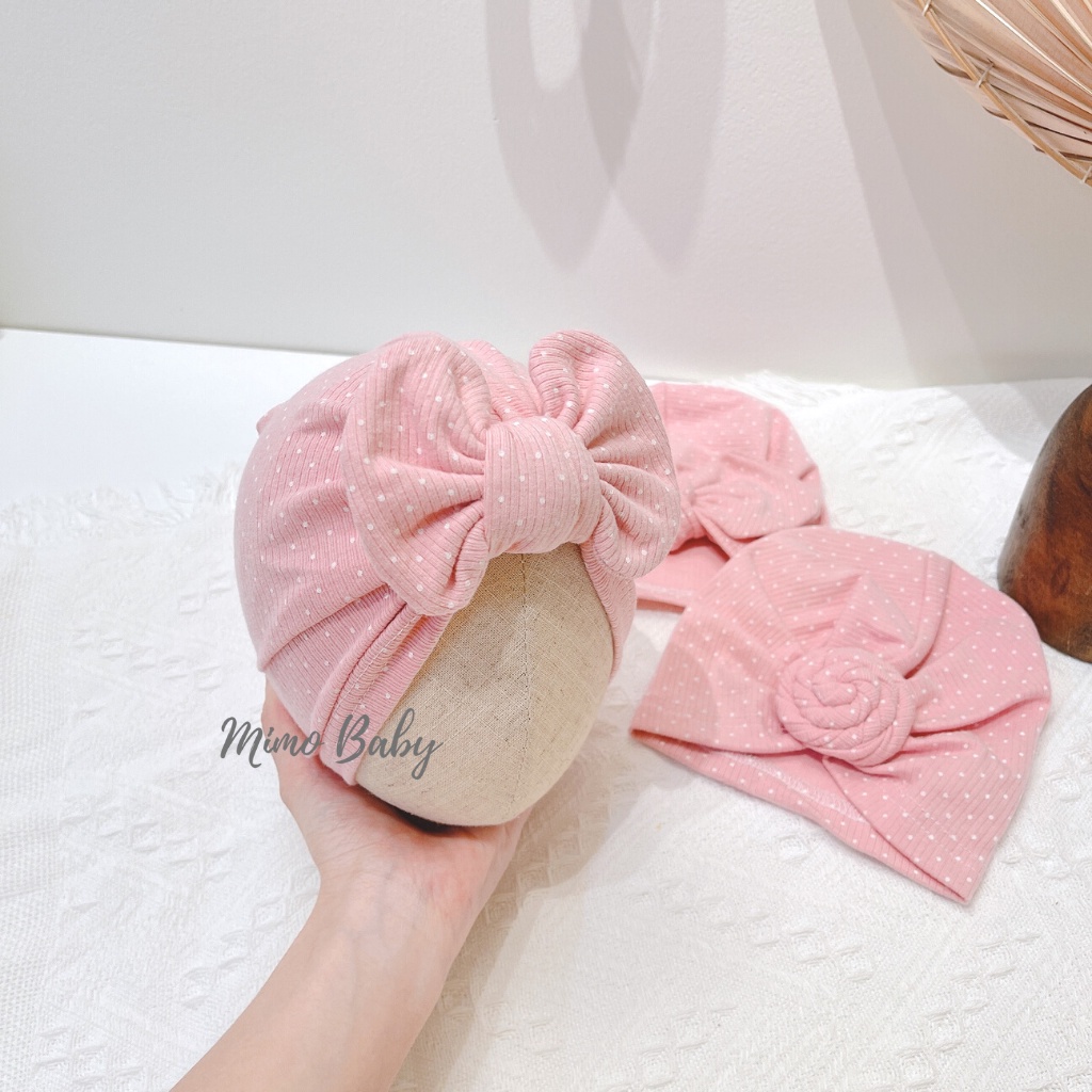 Mũ turban hồng chấm bi đính nơ dễ thương cho bé MTB115 Mimo Baby