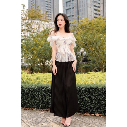 Quần ống rộng xếp ly Mary Jane đen/trắng dài 93-95cm