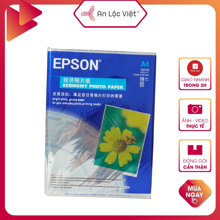 1 xấp gồm 20 tờ Giấy in ảnh Epson A4 một mặt định lượng 230gsm – 100 tờ Giấy in màu Epson A4 định lượng 130gsm