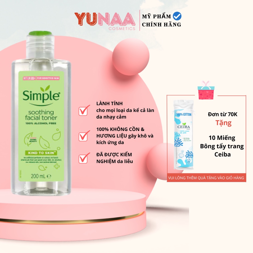 Nước hoa hồng Simple Kind to Skin Soothing Facial Toner 200ml - Yunaa Cosmetics