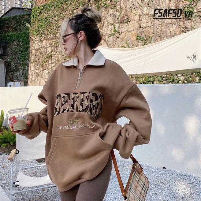 Áo Nỉ Có Khóa Kéo Cổ polo Cỡ Lớn Thêu Họa Tiết Màu Sắc Tương Phản Phong Cách Retro Mỹ Cho Nữ