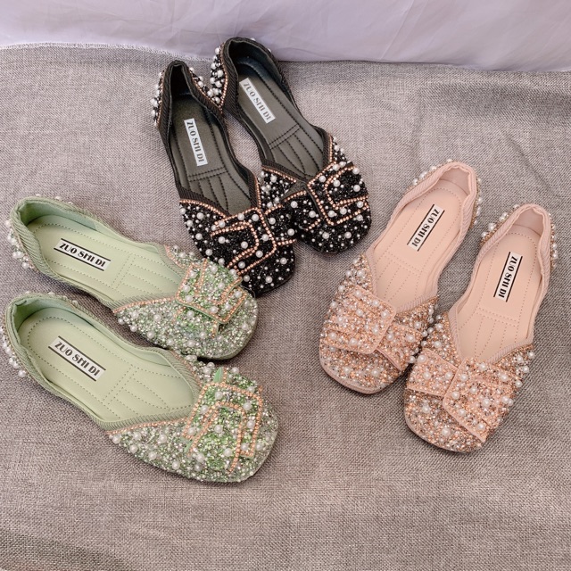 Kèm ảnh thật - Giày bệt nữ đính ngọc đá mũi vuông hàng quảng châu full box xịn loại 1 | BigBuy360 - bigbuy360.vn