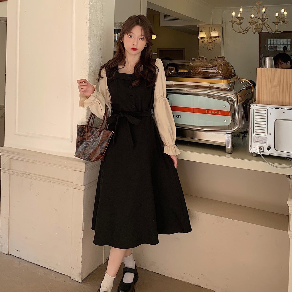 Đầm Tay Phồng Cổ Vuông Thiết Kế Mới Thời Trang Mùa Thu Dành Cho Nữ