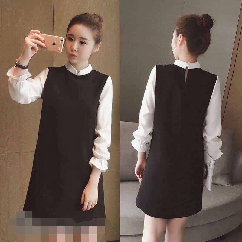 Váy đen tay dài trắng cổ tàu