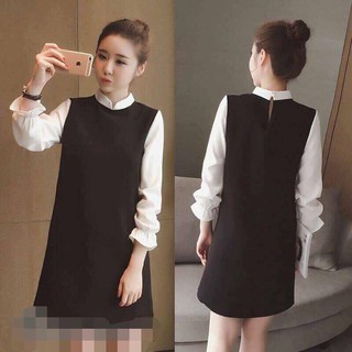 Váy đen tay dài trắng cổ tàu