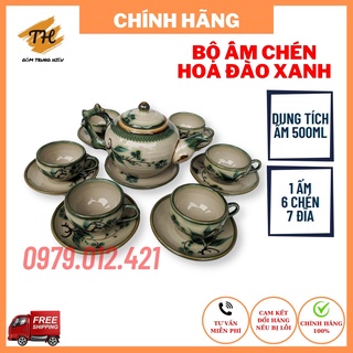 Bộ ấm chén Bát Tràng men bóng vẽ Đào xanh