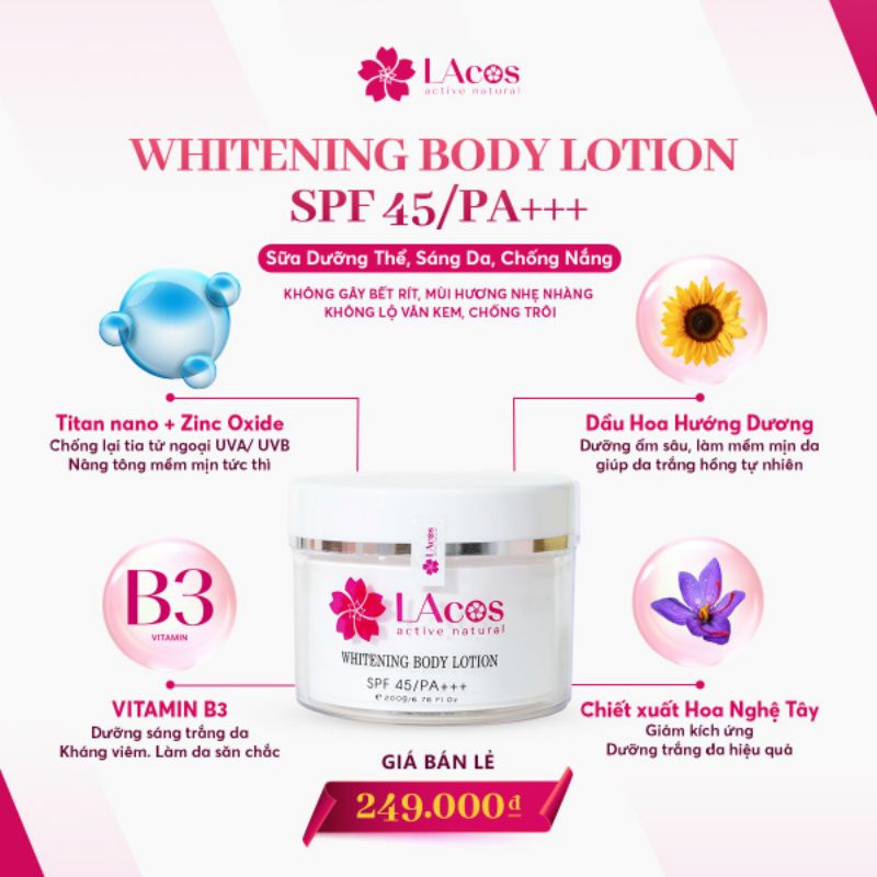 Kem Body Trắng da LAcos Whitening Body Lotion dưỡng da trắng sáng, mịn màng, chống nắng