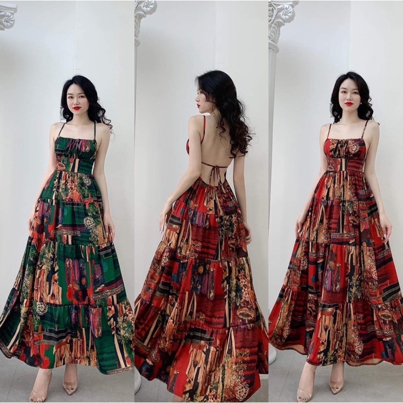 Đầm maxi thổ cẩm hai dây hở lưng đi biển có mút ngực 2 màu (ảnh thật ở cuối)