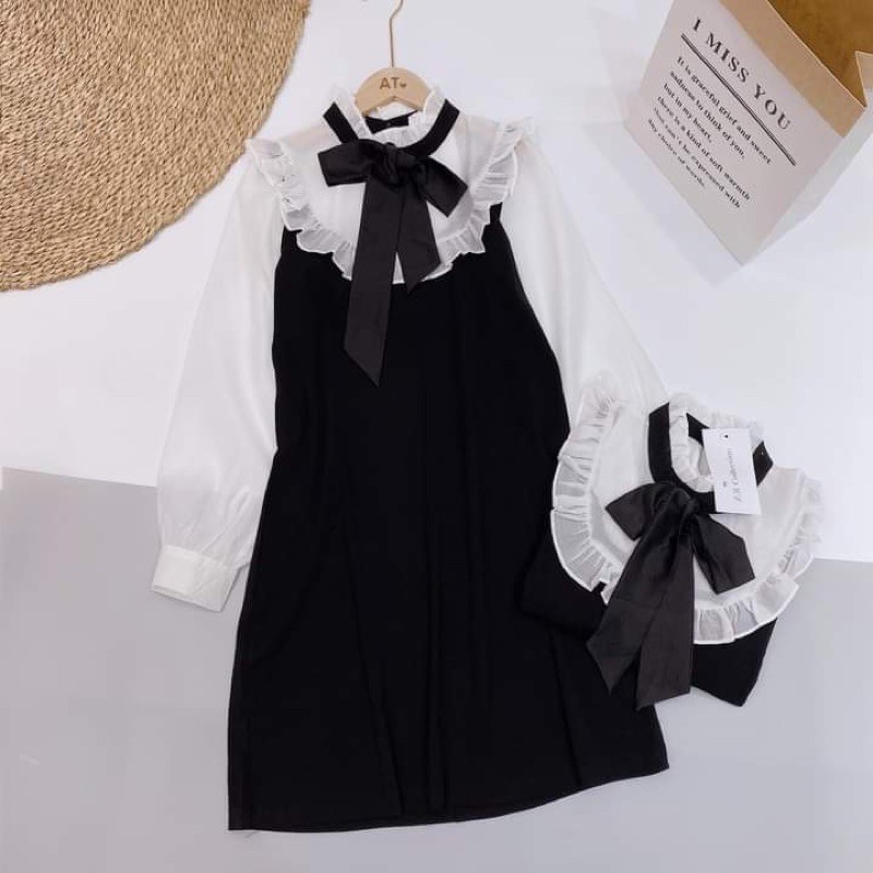 Váy đen nơ trắng pha tay dành cho nữ