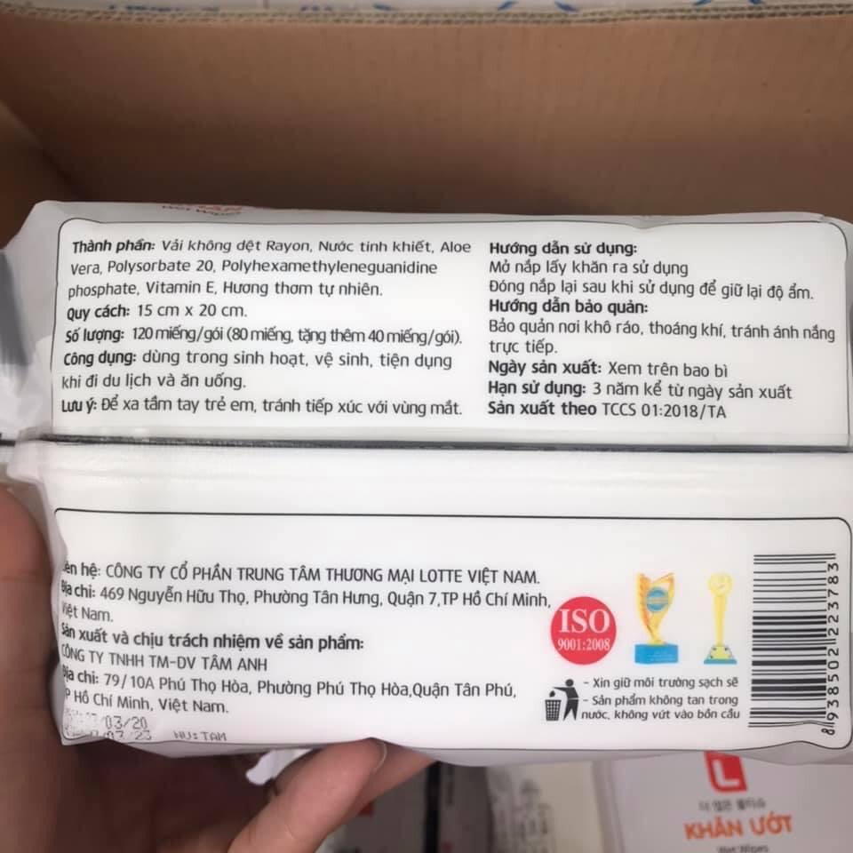 Khăn Ướt Hàn Quốc Lotte 120 tờ/gói - Khăn giấy ướt không cồn, Hương thơm nhẹ, dùng được cho người lớn và trẻ em