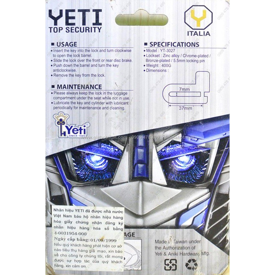 Khóa Đĩa Xe Inox Đúc Khối Nhãn Hiệu Yeti Siêu Bền -  6227