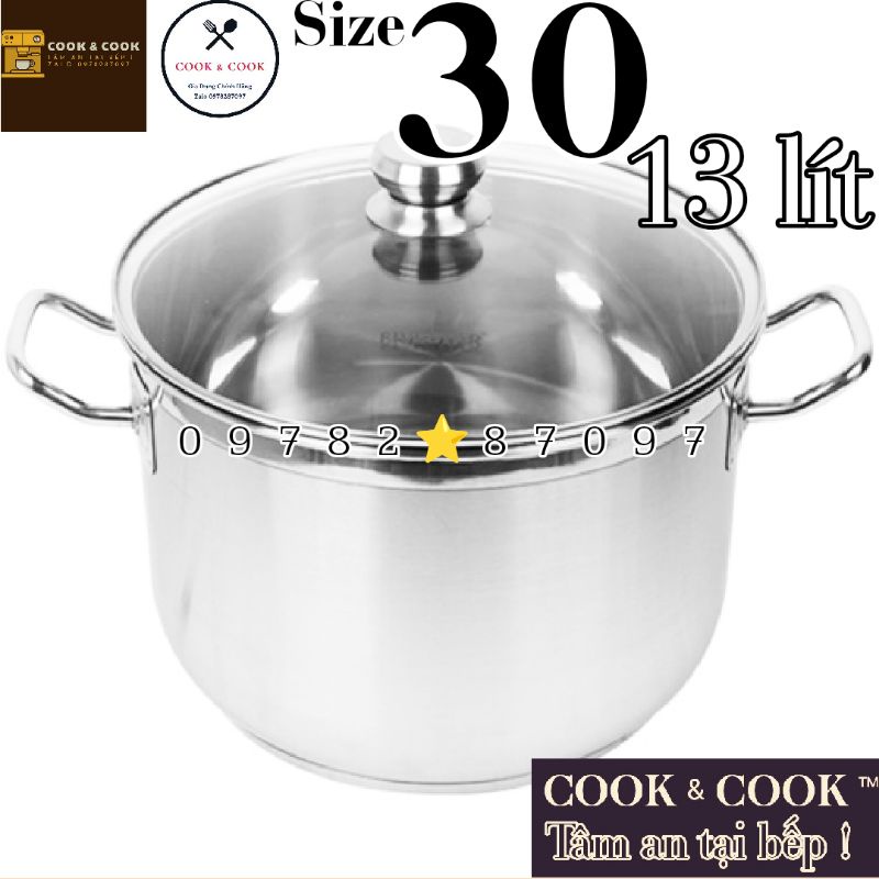 [CHÍNH HÃNG] Nồi luộc gà inox 3 đáy nắp kính size 30 cm VIETCOOK dung tích 13 LÍT sử dụng trên bếp từ