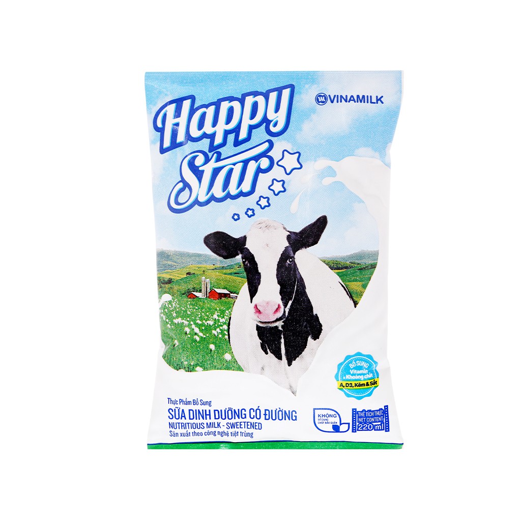 Lốc 10 bich Sữa tươi có đường Vinamilk Happy Star bịch 220ml