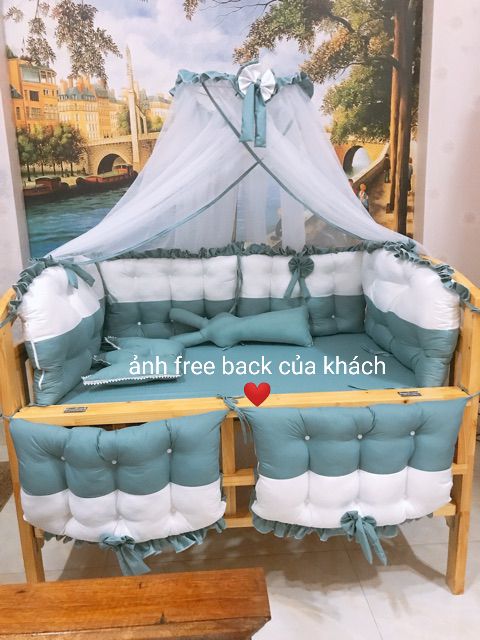 Combo quây cũi, ga chun, đệm, màn, khung màn, gối, thỏ ôm