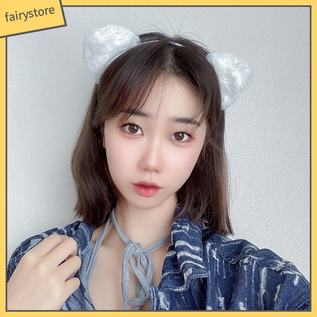 Băng Đô Cài Tóc Tai Mèo Phủ Lông Màu Sắc Ngọt Ngào Co Giãn Nhẹ Nhàng