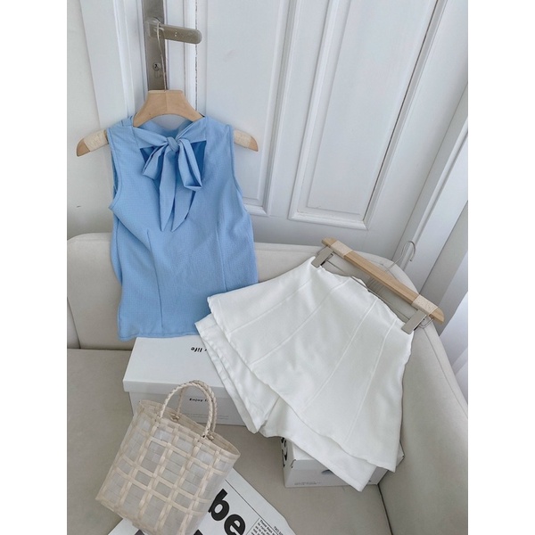 ❤️Set áo xanh khoét ngực thắt nơ + short trắng ❤️❤️