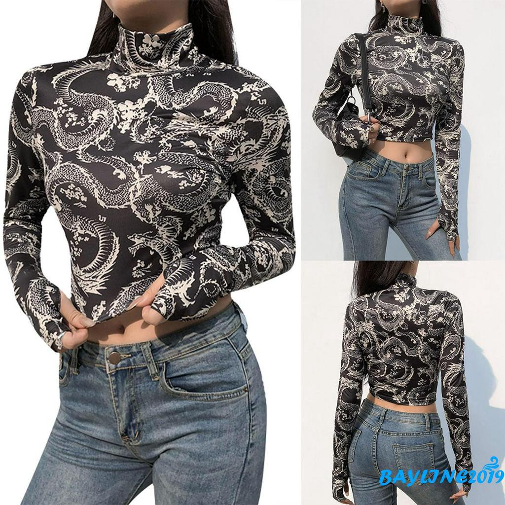 Áo Croptop Tay Dài In Hình Rồng Sành Điệu Cho Nữ