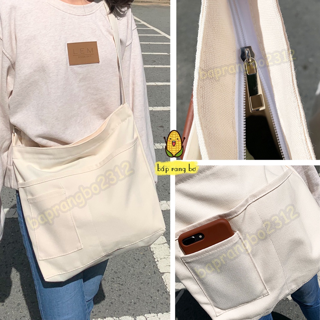 TÚI TOTE ĐEO CHÉO 4 NGĂN VẢI CANVAS PHONG CÁCH ULZZANG UNISEX DC13