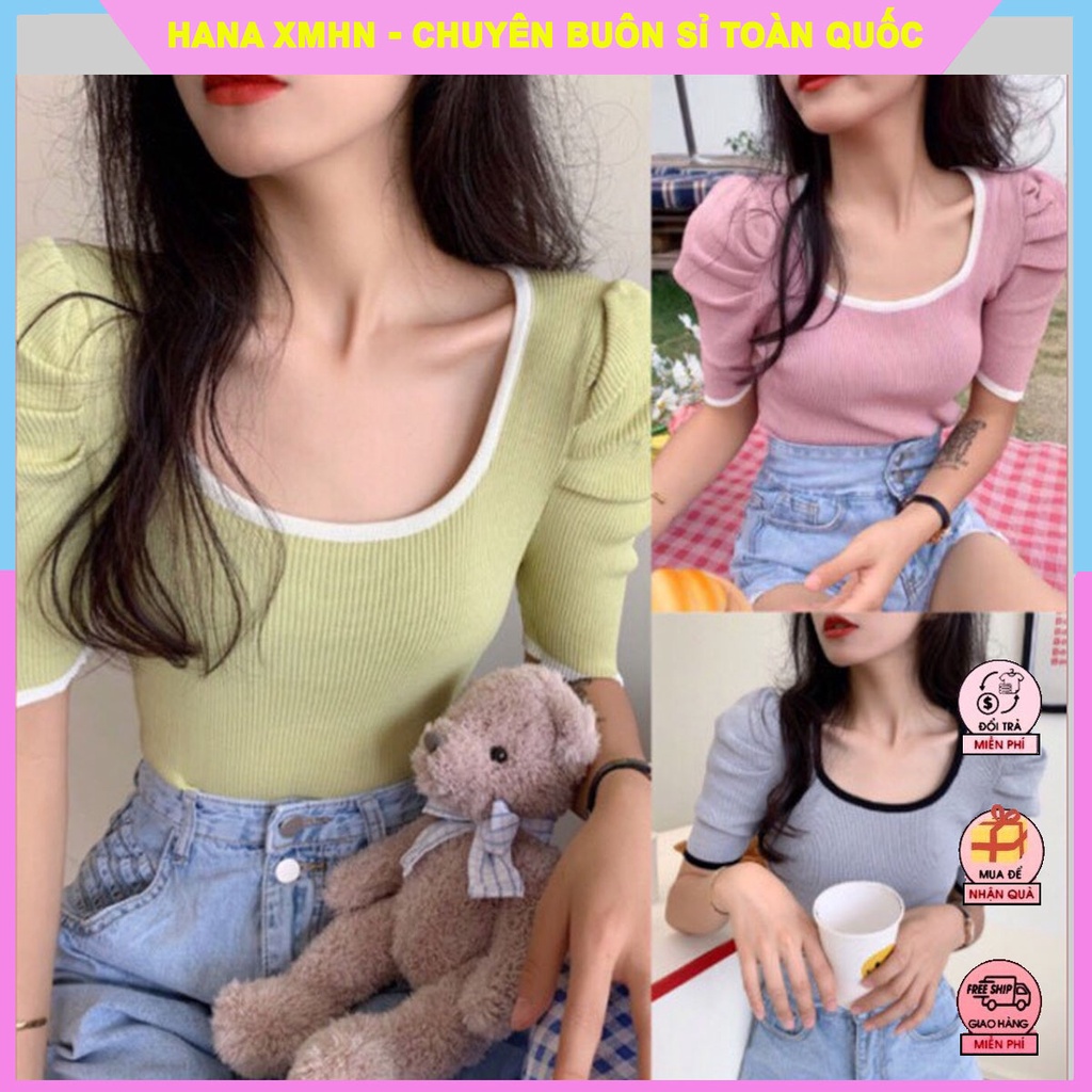[BÁN SỈ] Áo Len Dệt Kim Nữ Tay Ngắn Bồng Cổ Tròn Viền Cổ Dáng Croptop_Xuống Phố Là Xinh