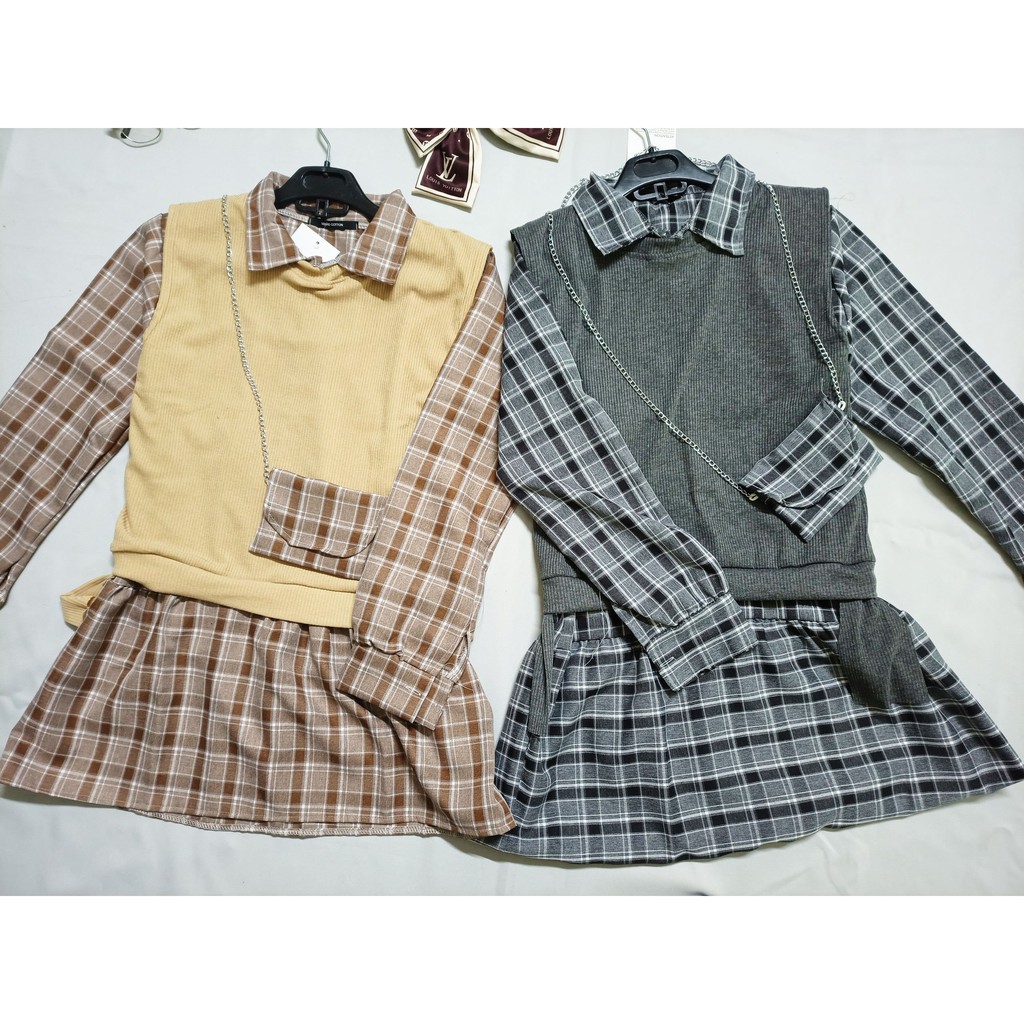 Sét váy kẻ caro + Áo gile ulzzang kết hợp túi đeo chéo bánh bèo  - CM Shop