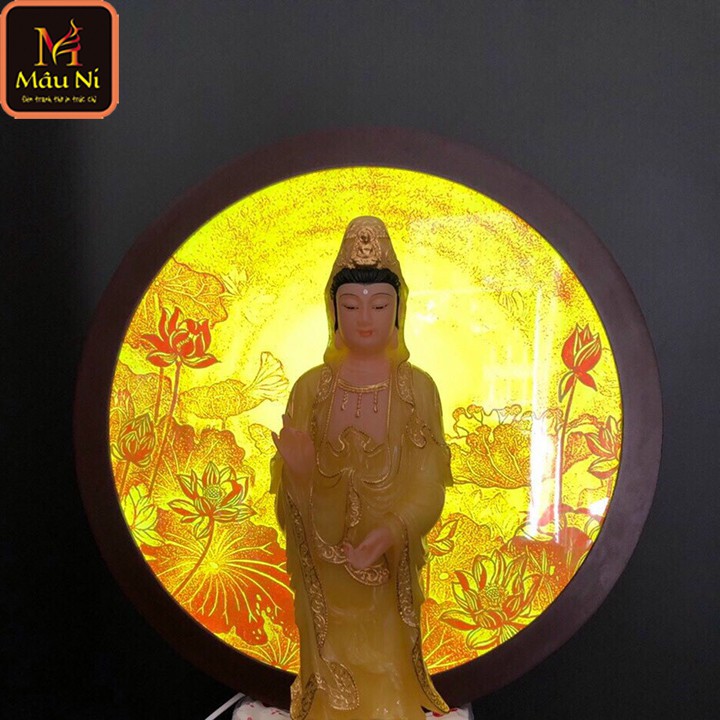 Đèn Để Bàn Trang Trí Bàn Thờ / Đèn Hoa Sen in họa tiết tranh trúc chỉ, khung sắt, Đường kính 30cm