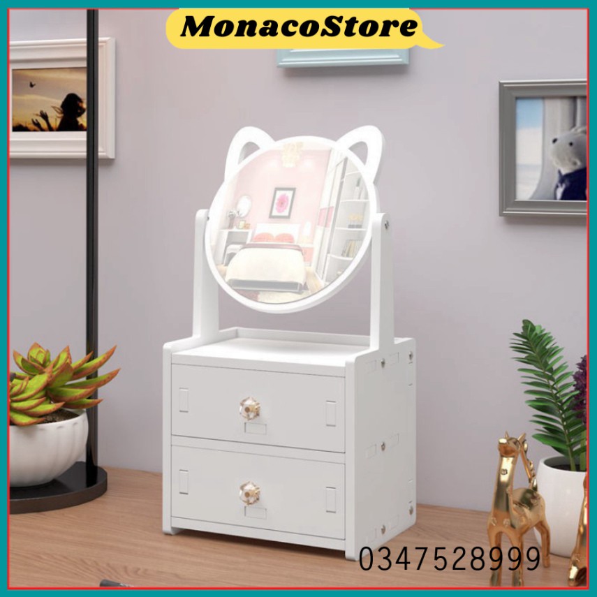 Bàn Trang Điểm Mini 2 Tầng Có Gương Mèo Hello Kitty Bằng Gỗ Nhựa Để Phòng Ngủ - Màu Trắng Nhỏ Gọn Đựng Mỹ Phẩm -MonacoSt