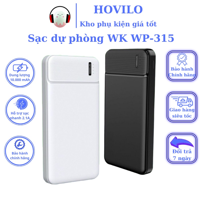 Sạc dự phòng 10000 mah WK WP-315 Pin xạc dự phòng chính hãng sạc nhanh 12W 2 cổng tiện lợi