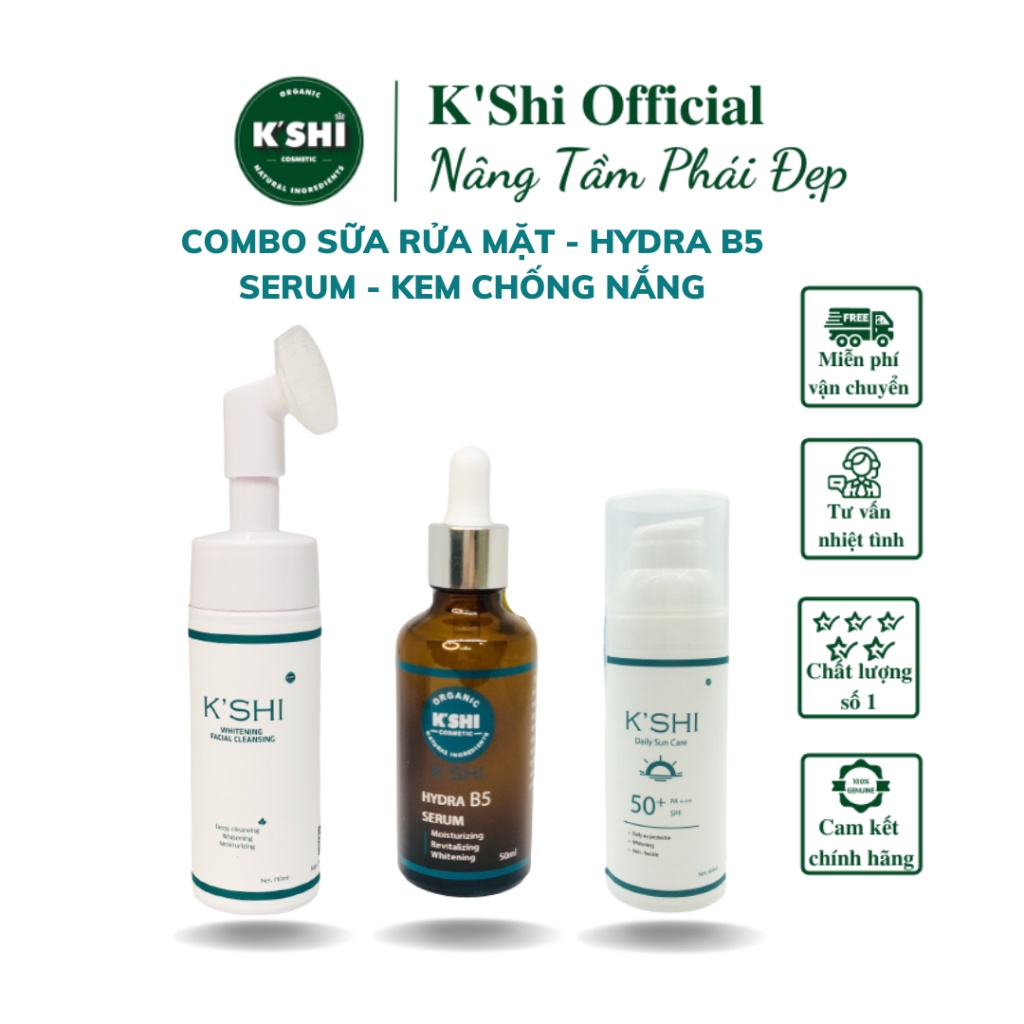 Bộ 3 Chăm Sóc Da K'shi, Sữa Rửa Mặt Làm Sạch Sâu, Serum B5 và Kem chống nắng bảo vệ Dưỡng Da trắng Sáng K'shi