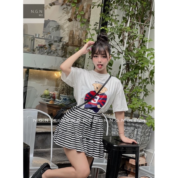 Sét áo phông gấu teddy + chân váy kẻ