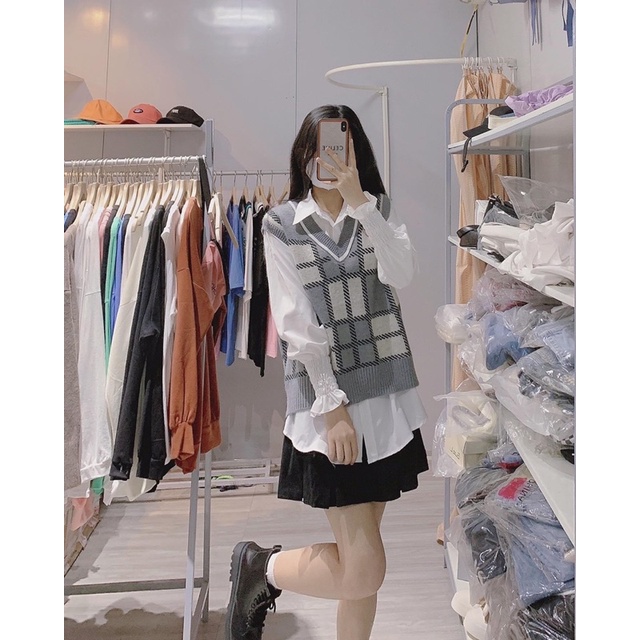 Áo gile hoạ tiết ô vuông áo len thổ cẩm chất đẹp Lizhouse