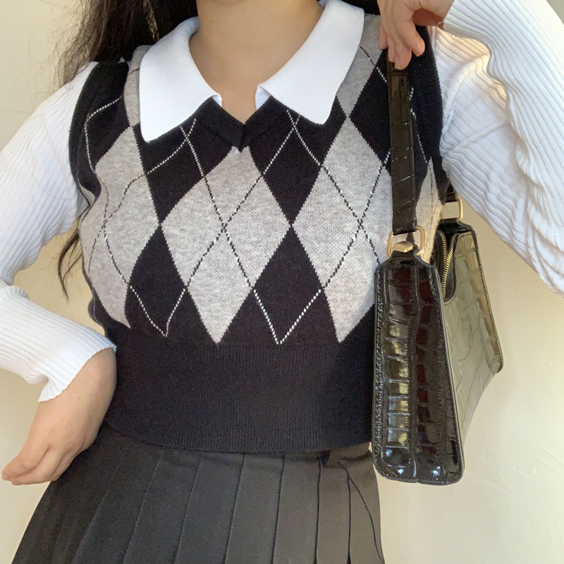 Vest Korean Fashion V-neck Plaid Sweater