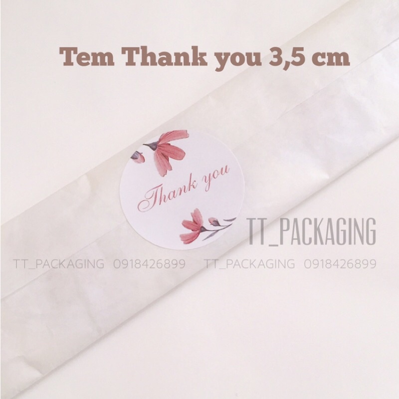 Sticker tem thank you tròn đường kính 3,5cm trắng/ hồng trang trí hộp quà,gói hàng,giấy gói quần áo (100 tem)