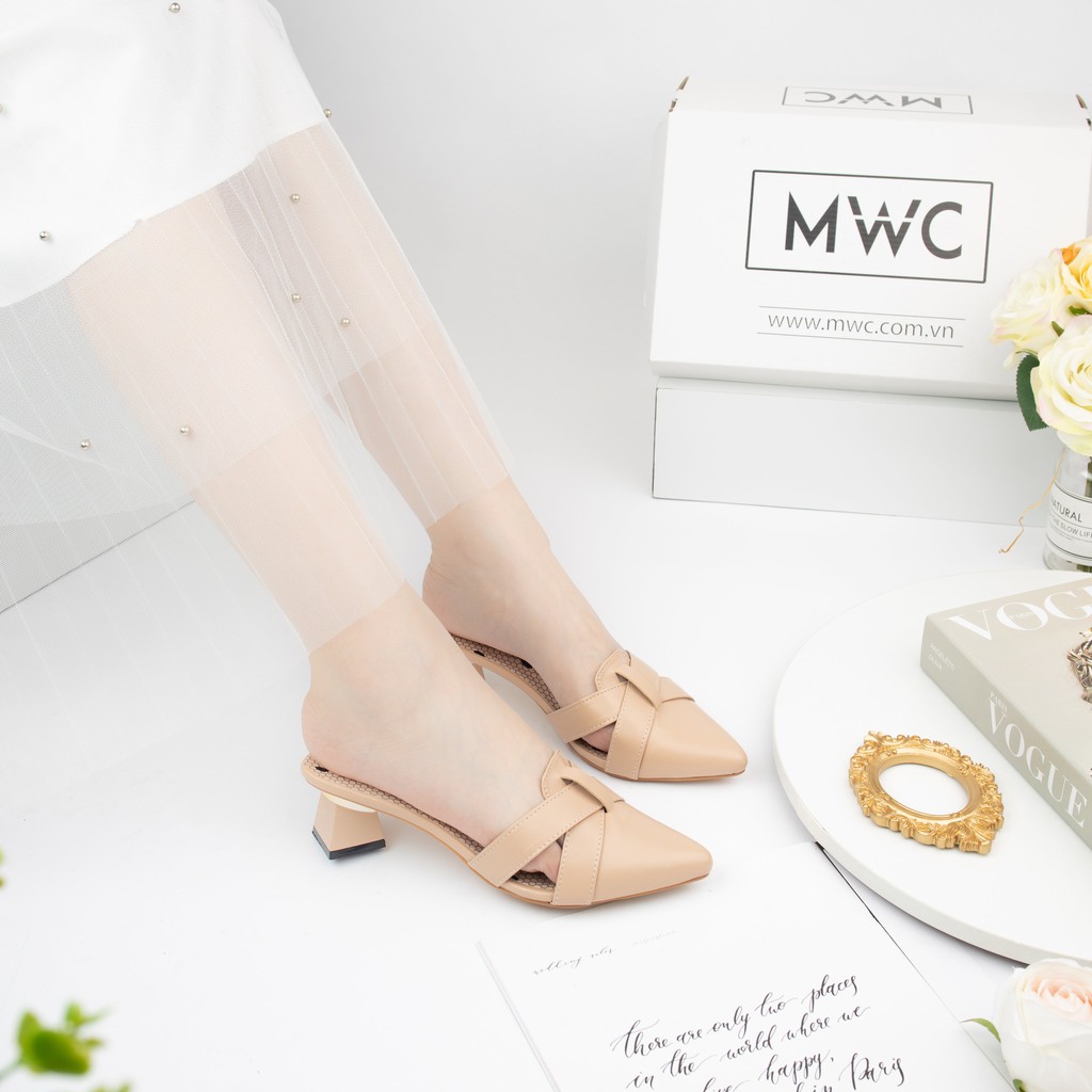 Giày Cao Gót Nữ MWC Mũi Nhọn Phối Nơ Màu Kem Đen NUCG-3969
